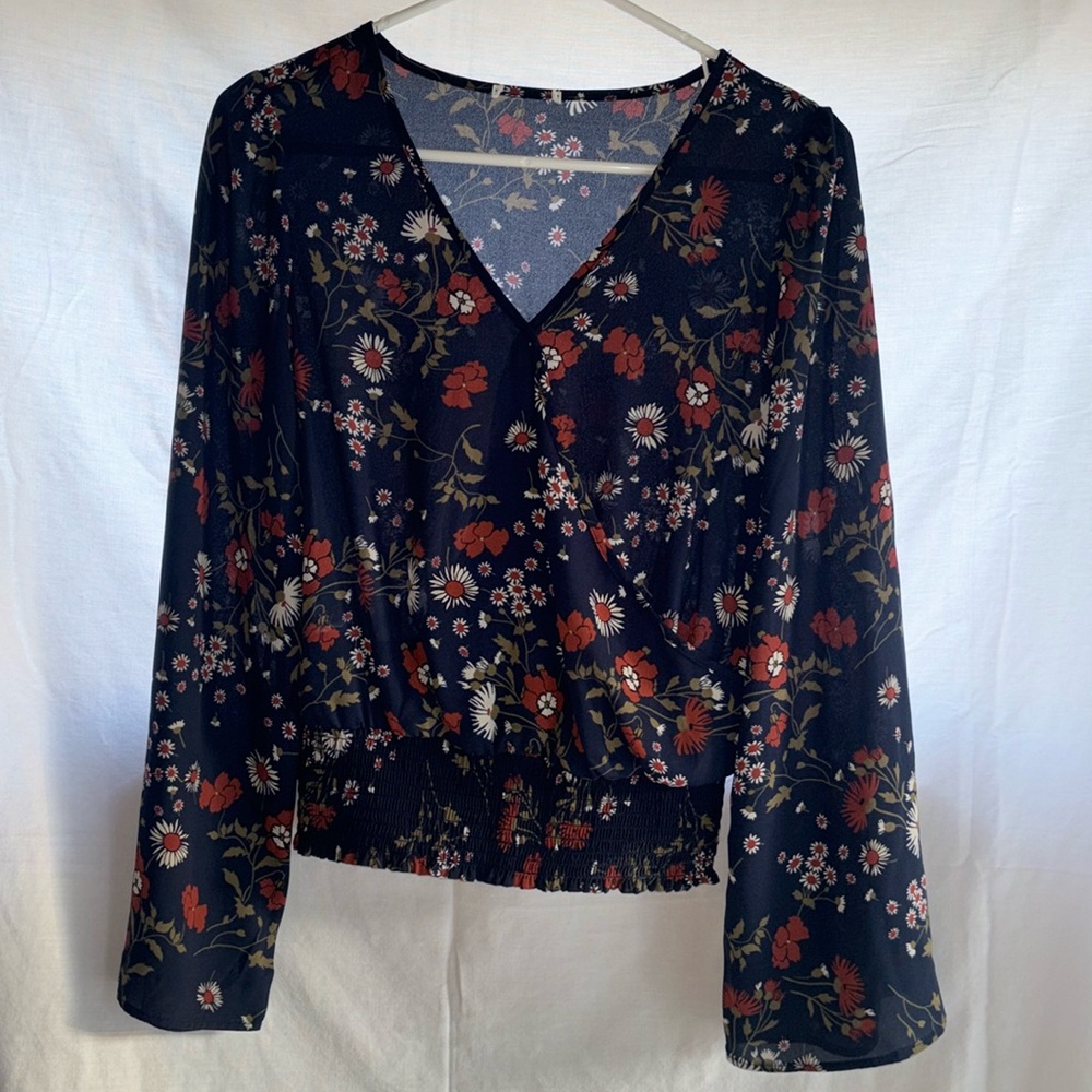 Floral Sheer V-Neck Blouse - Size Medium